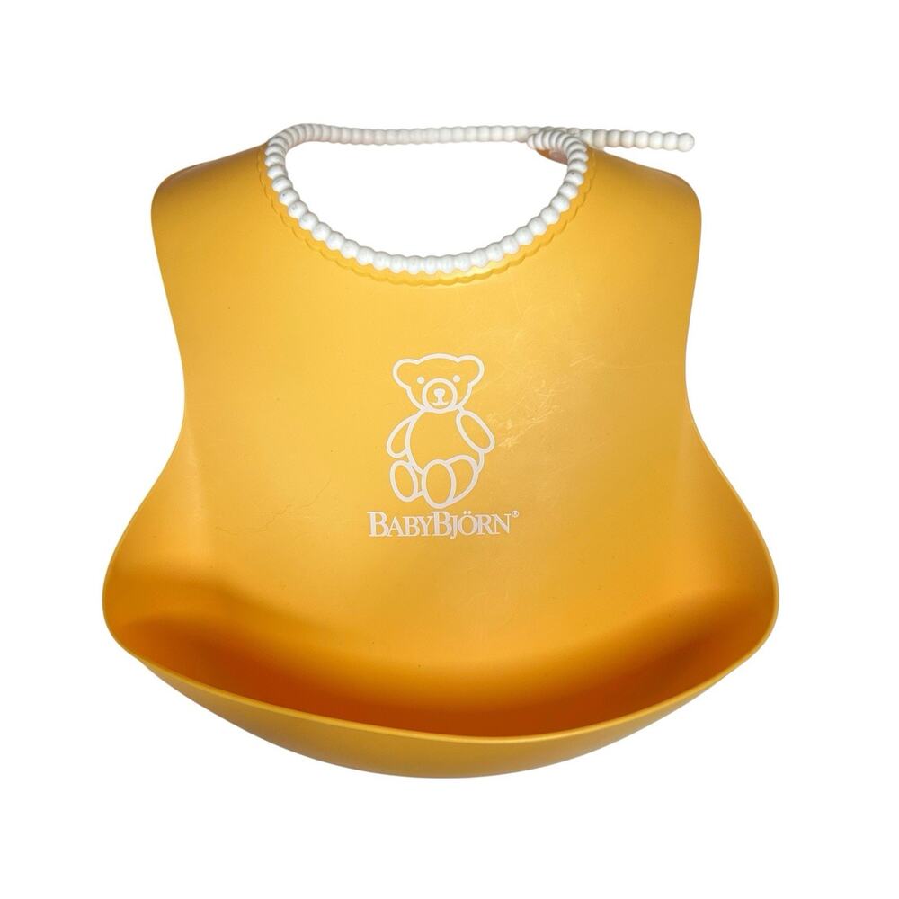 Baby Bjorn Soft Silicone Pocket Bib Waterproof Boy Girl Yellow White Wipe Clean